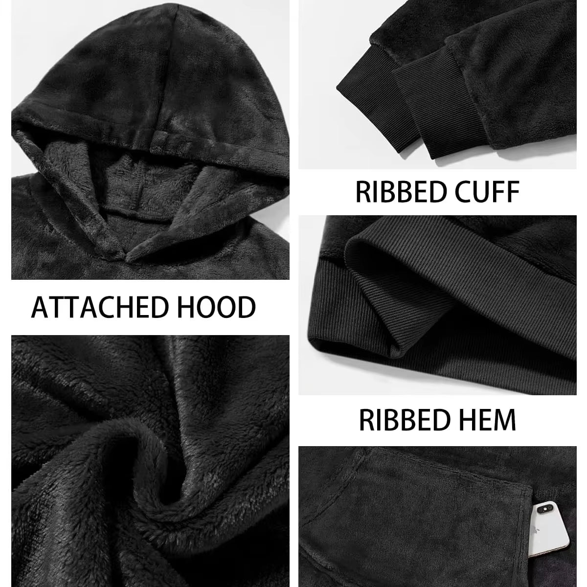 Men'S Puffer Hooded Sweatshirt Winter Double Sided Plush Hoodie with Pocket Arctic Velvet Warm Hooded Sport Outerwear